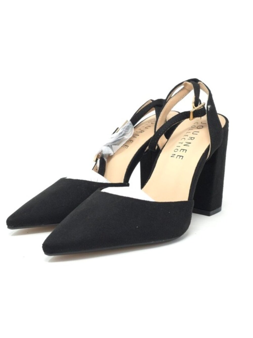 Journee Tyyra Black Vegan Suede Block Heel Pumps Wide US 6